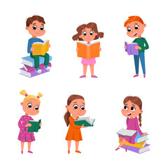 Kids Reading Books And Enjoying Literature Vector Set