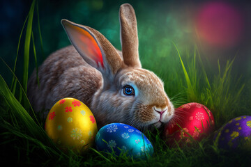 A cute bunny with decorated eggs for Easter. Generative AI illustration