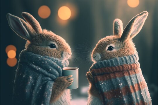  two rabbits wearing sweaters and holding a cup of coffee in their hands, with lights in the background, in the foreground, a blurry image of a boke of a.  Generative AI
