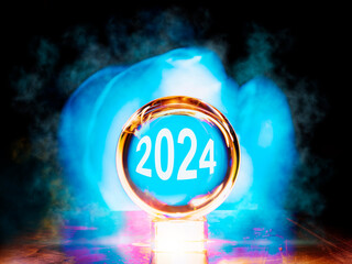 Sign 2024 on a glass or magic ball with blue color smoke in the background. Forecast and predicting events using foresight power.
