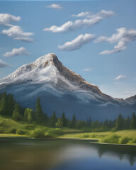 Fototapeta premium Vertical image of a lake surrounded by green vegetation under a high mountain ending in an AI-generated peak.