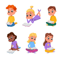 Kids Reading Books And Enjoying Literature Vector Set