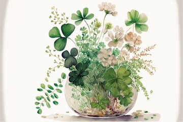  a vase filled with lots of green plants and flowers on top of a table next to a white wall and flooring area with a white background and a white wall behind it is a.  Generative AI