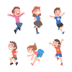 Happy Kids Jumping with Joy and Excitement Rejoicing and Cheering Vector Set