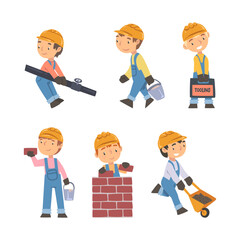 Boy Builder Character in Overall and Hard Hat Working with Construction Tools Vector Set