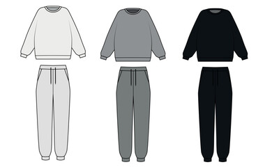 set of clothes for people. Vector outline drawing of a sweatshirt and sweatpants. Tracksuit template in grey, white and black colors. Crewneck sweatshirt and joggers sketch on white background, vector