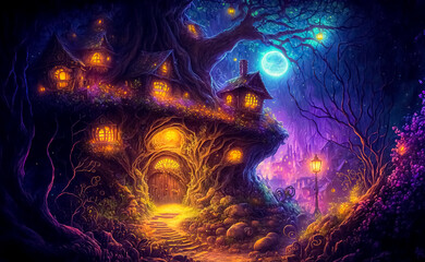 Fantasy enchanted fairy tale house or castle in magical forest with  huge moon on background. digital art, generative ai
