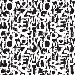 Seamless pattern with alphabet letters in form of black and white paint splashes and blots. Abstract vector background with latin letters. Suitable for wallpaper, wrapping paper or fabric