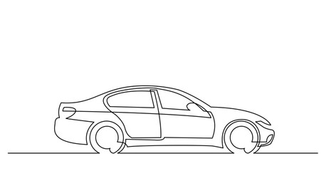 continuous line drawing vector illustration with FULLY EDITABLE STROKE of side view of modern sedan car