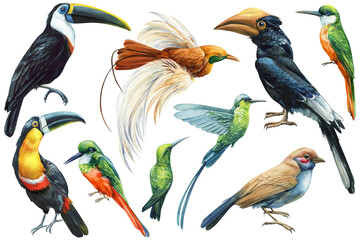 Collection birds, Jacamar, toucan, hummingbird and hornbill. Tropical watercolor illustration isolated white background. © Hanna