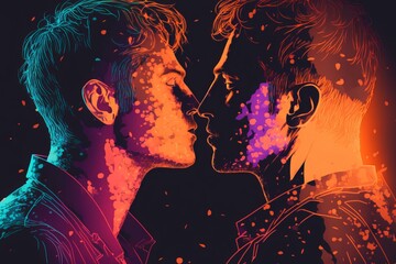Close up of two lgbt men kissing in a black background, Enamored characters. Romantic relationship, made with generative AI