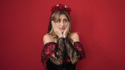 Young blonde woman wearing katrina costume with fear expression over isolated red background