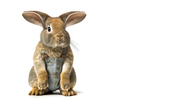Easter bunny rabbit dressed in jean dungarees overalls with a white background, standing up on hind legs looking.  A cute little Easter theme image created with generative ai. 