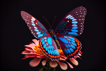 Fototapeta premium Beautiful butterfly on a flower on a black background. Generative AI