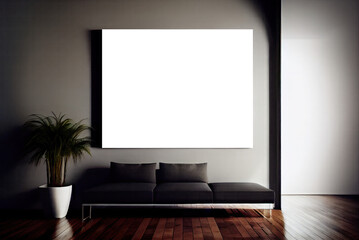 House room with sofa and clear picture frame sample on light gray wall. Generative AI