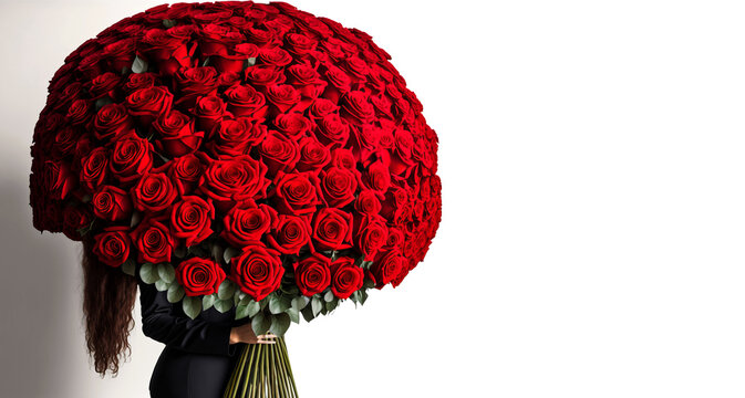 Woman with huge red roses bouquet. Flowers arangement