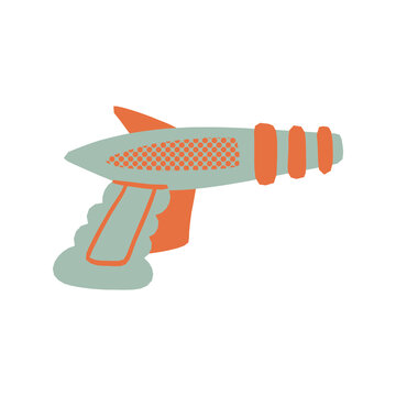 Kids plastic blaster, a laser gun weapon, retro ray gun toy. Retro-style childish vector isolated illustration.