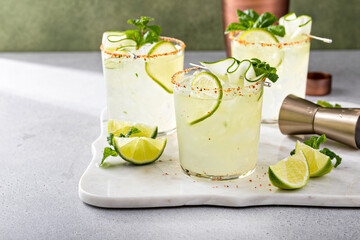 Cucumber margarita with lime and spicy rim - obrazy, fototapety, plakaty