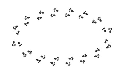 Obraz premium Ellipse frame with cute bunny pawprints, hare feet steps, rabbit paw silhouettes. Design for Valentine day or Easter greeting card or photo frame. Vector graphic illustration