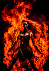 Fiery girl.  Woman  in flames and fire.  Generative AI.