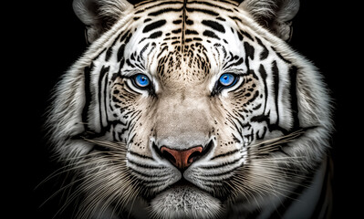 Closeup head of White tiger on black background. Wildlife animal. digital art, generative ai