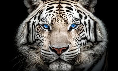 Fototapeta premium Closeup head of White tiger on black background. Wildlife animal. digital art, generative ai