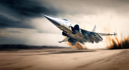 Fototapeta Combat military fighter rapidly takes off at high speed from the runway, for tracking and hitting a target, digital art, generative ai obraz