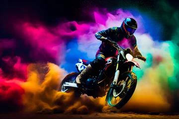 Fototapeten Man riding a motorcycle with splashes of paint. Moto racer.  Generative AI. © EwaStudio