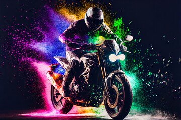 Man riding a motorcycle with splashes of paint. Moto racer.  Generative AI.