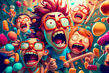 Fototapeta na wymiar People, screaming and crazy in happiness. Cartoon background. Generative AI.