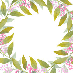 Watercolor floral frame isolated on white background. Natural hand painted design object. Ideal for wedding cards, prints, patterns, packaging design.