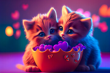 Romantic Two Kittens In Love.  Valentines day concept.  Generative AI.