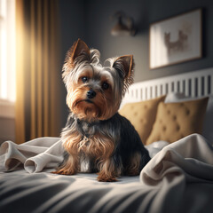 Yorkshire dog sitting on the bad in light bedroom. Ai generated
