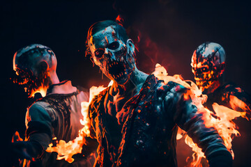 Zombies In Fire.  Apocalyptic. Halloween concept.  Generative AI.