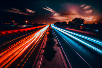 Fototapeta na wymiar A long exposure photo of a highway at night. Generative AI.