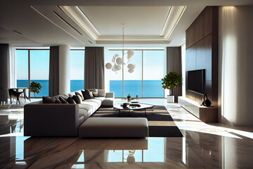 Large modern luxury living room interior.  Generative AI.