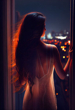 illustration of woman at the window.  Beautiful young woman.  Generative AI
