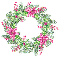 Watercolor Christmas Wreath on a white background