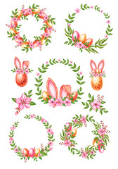 Watercolor Easter set of frames, bunny ears, eggs on a white background