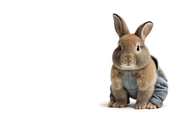 Obraz premium Easter bunny rabbit dressed in jean dungarees overalls with a white background, cute chubby little bunny sitting on hind legs facing forward . A cute Easter theme image created with generative ai.