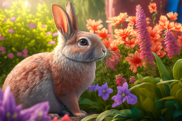 Rabbit in a spring garden