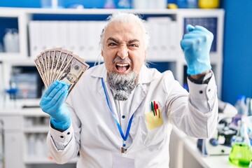 Middle age man with grey hair working at scientist laboratory holding money annoyed and frustrated shouting with anger, yelling crazy with anger and hand raised