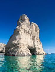 Fototapeta na wymiar Kleftiko Bay, a scenic attraction with white volcanic rocks and caves. Milos Island, Greece