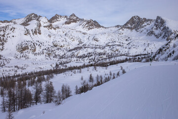 Fototapeta na wymiar Winter snowy landscape. Nature scenery. Winter background. Alpine scenery.