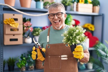 Hispanic man with grey hair working at florist shop winking looking at the camera with sexy...