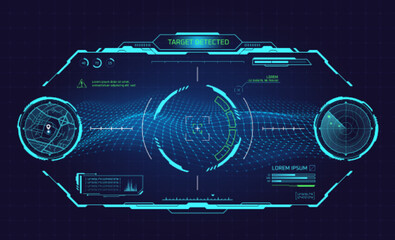 Cockpit vr dashboard. Hud spaceship hologram interface futuristic aircraft, virtual glasses robot helmet, military ai radar navigation airplane control, game ui vector illustration © ssstocker