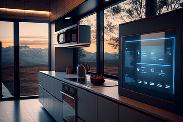 modern kitchen interior with smart appliances and neon lights. Futuristic home interior. Evening ambient light. Panoramic windows.