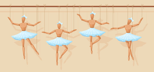 Marionette ballerina. Wooden marionettes artificial ballet or theatre show, carved wood human doll, hanging puppet girl in master hand, dancing model toys neat vector illustration © ssstocker