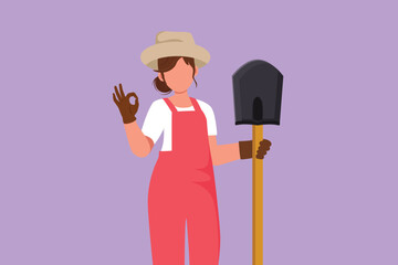 Graphic flat design drawing beauty female farmer holding shovel with okay gesture and wearing straw hat working on farm at harvest time. Countryside or rural living. Cartoon style vector illustration