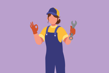 Cartoon flat style drawing of attractive female mechanic holding wrench with okay gesture and ready to perform maintenance on the vehicle engine or transportation. Graphic design vector illustration - obrazy, fototapety, plakaty